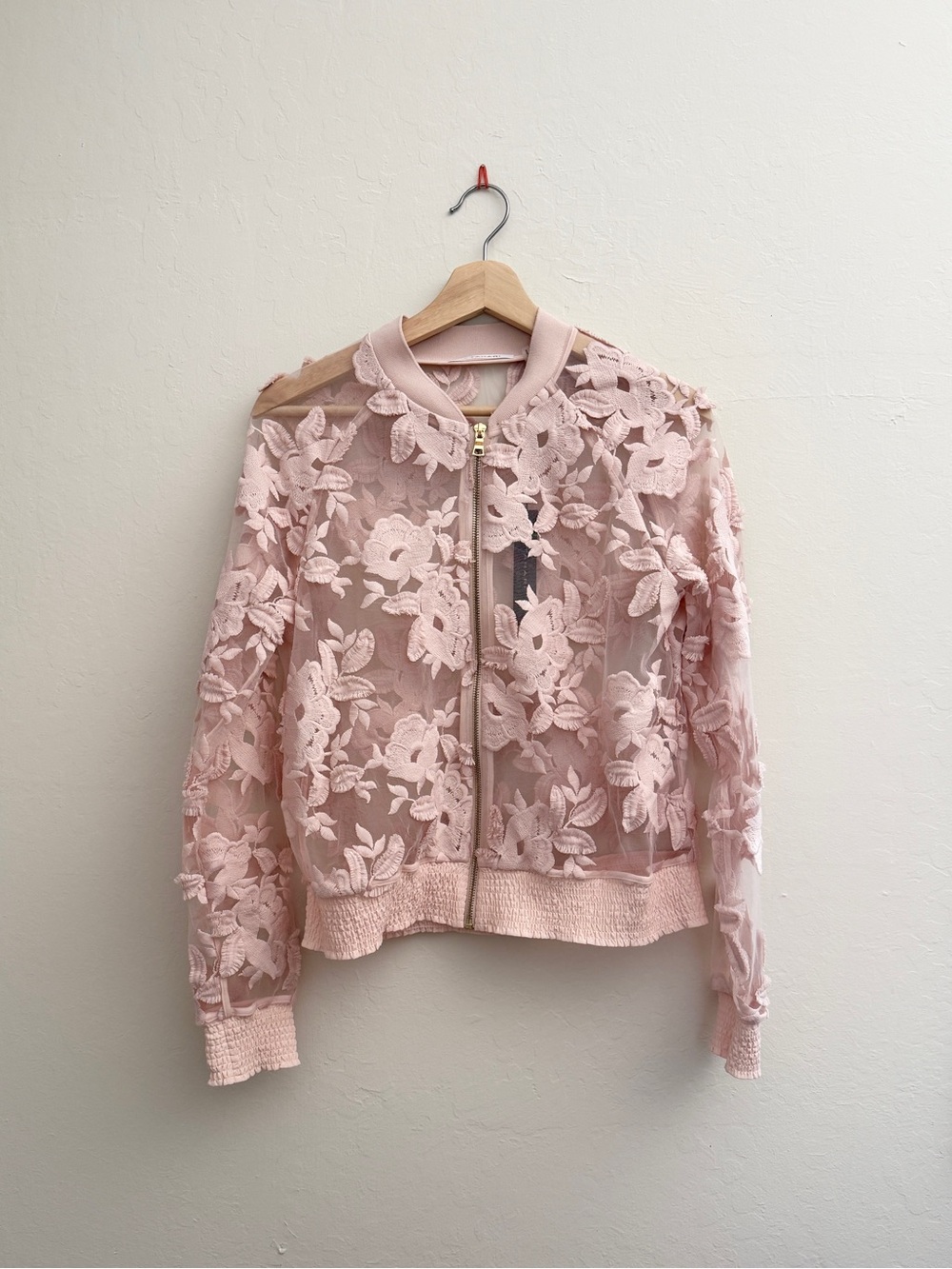 T Tahari Pink Sheer Floral Embroidered Bomber Jacket size S